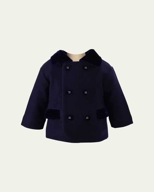 Girl's Velvet-Trim Double Breasted Coat, Size 6M-24